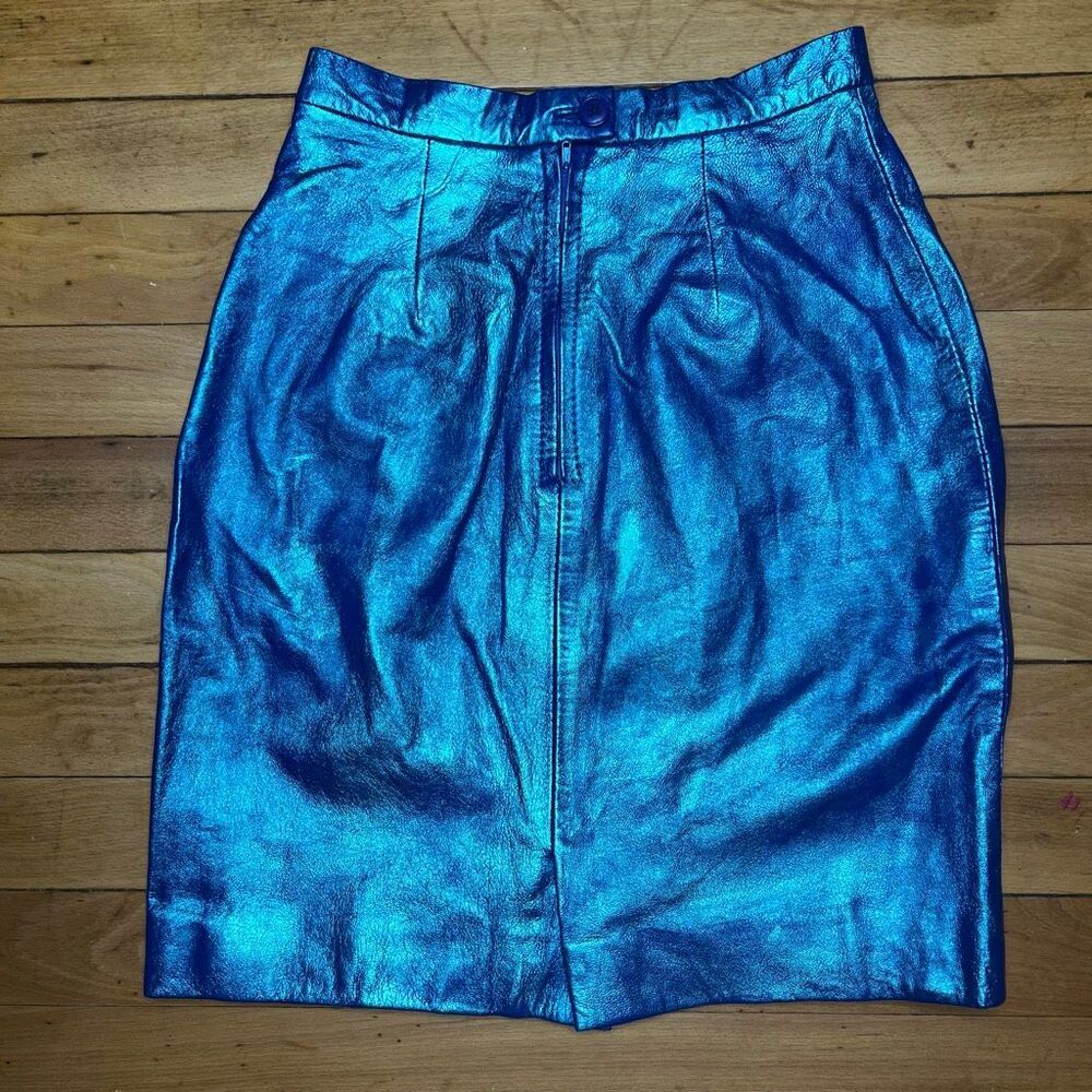 Michael Hoban x North Beach Leather Upcycled Metallic Blue Mini Pencil Skirt 3/4 - Picture 7 of 16
